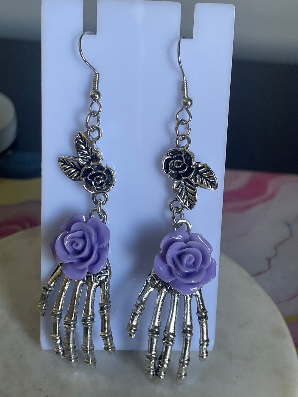 Skeleton hand and rose  gothic earrings